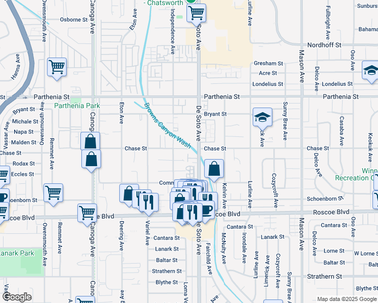 map of restaurants, bars, coffee shops, grocery stores, and more near 8463 De Soto Avenue in Los Angeles