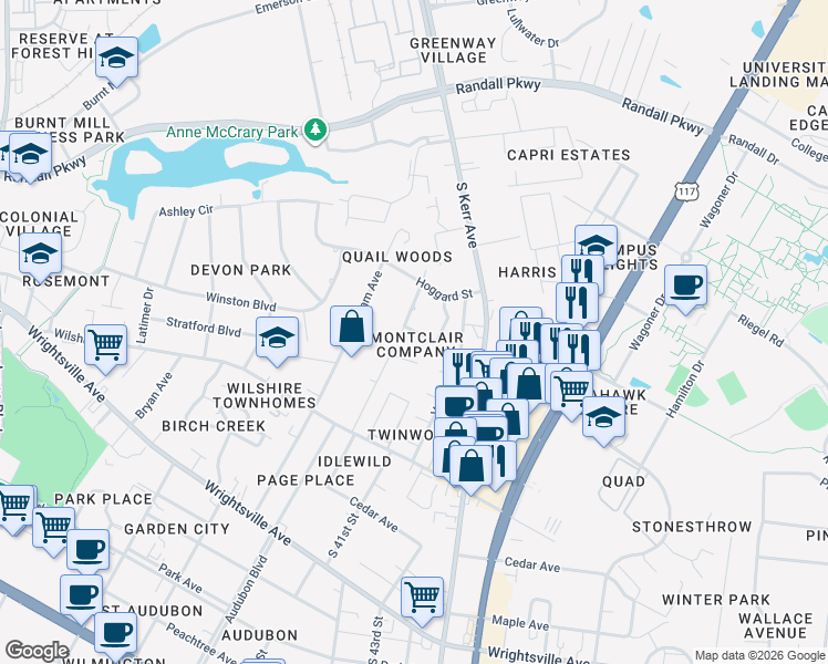 map of restaurants, bars, coffee shops, grocery stores, and more near 4313 Cedarwood Lane in Wilmington