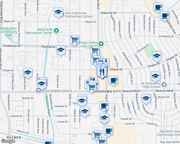 map of restaurants, bars, coffee shops, grocery stores, and more near 8427 Tobias Avenue in Los Angeles