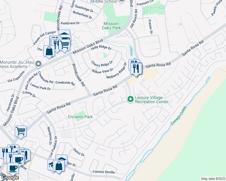 map of restaurants, bars, coffee shops, grocery stores, and more near 9161 Village 9 in Camarillo