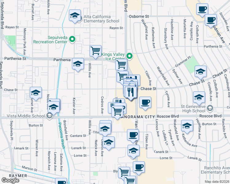 map of restaurants, bars, coffee shops, grocery stores, and more near 8427 Tobias Avenue in Los Angeles