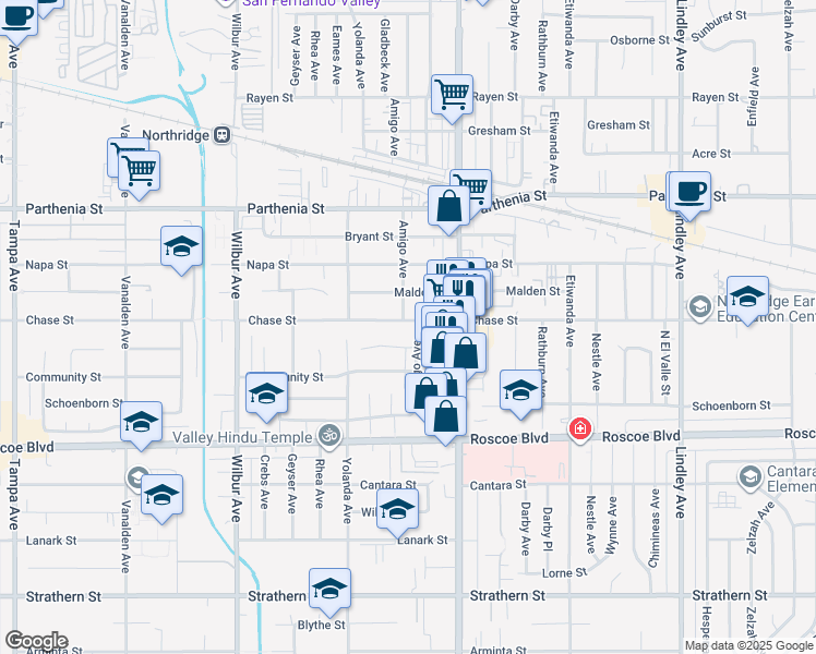 map of restaurants, bars, coffee shops, grocery stores, and more near 8438 Amigo Avenue in Los Angeles