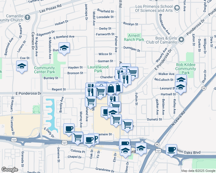 map of restaurants, bars, coffee shops, grocery stores, and more near 2105 East Ponderosa Drive in Camarillo