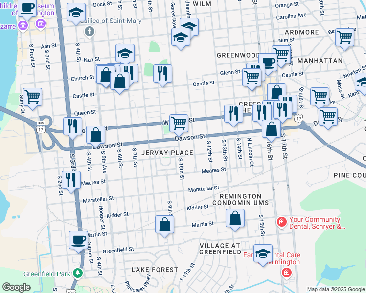 map of restaurants, bars, coffee shops, grocery stores, and more near 932 South 10th Street in Wilmington