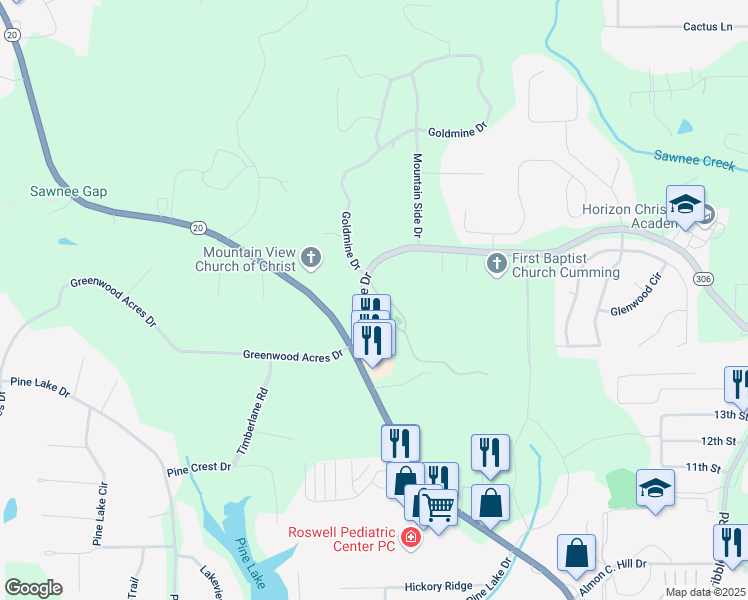 map of restaurants, bars, coffee shops, grocery stores, and more near 204 Somerton Place in Cumming