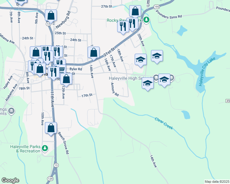 map of restaurants, bars, coffee shops, grocery stores, and more near 1802 Armory Road in Haleyville