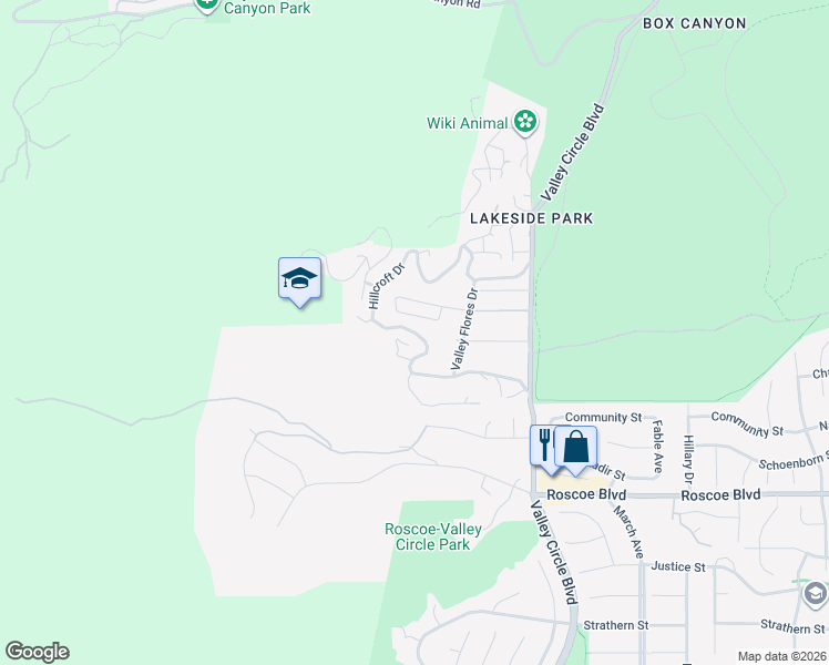 map of restaurants, bars, coffee shops, grocery stores, and more near Hillcroft Drive in Los Angeles