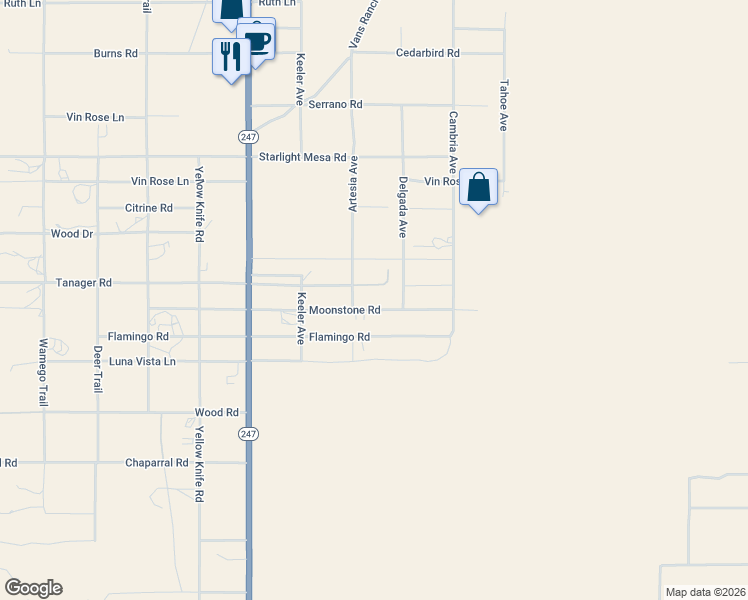 map of restaurants, bars, coffee shops, grocery stores, and more near 56350 Moonstone Road in Yucca Valley