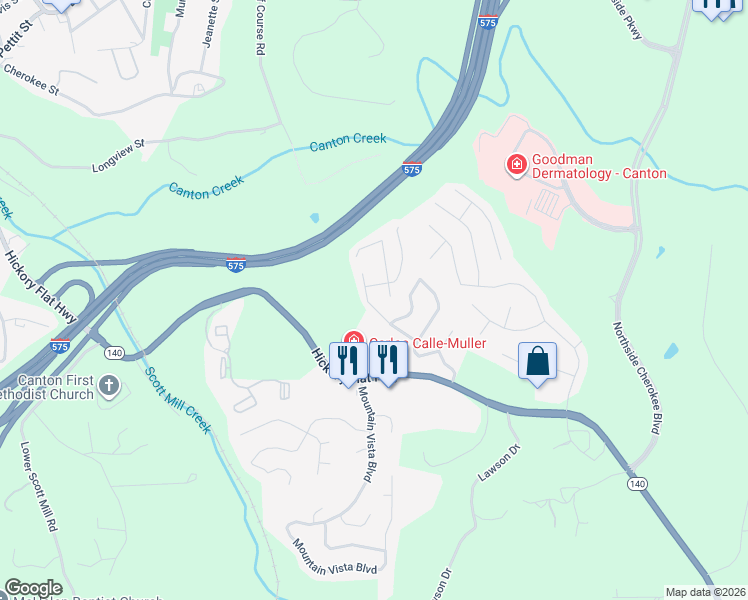 map of restaurants, bars, coffee shops, grocery stores, and more near 314 Hillcrest Lane in Canton