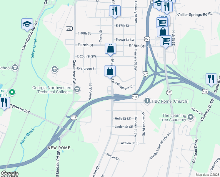 map of restaurants, bars, coffee shops, grocery stores, and more near 14 Maple Road Southeast in Rome