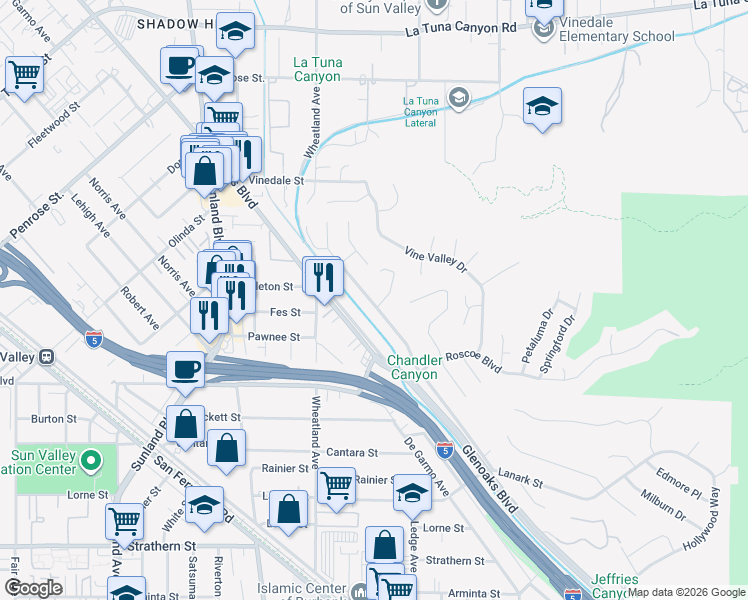 map of restaurants, bars, coffee shops, grocery stores, and more near 8458 Glencrest Drive in Los Angeles