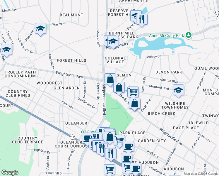 map of restaurants, bars, coffee shops, grocery stores, and more near 3151 Caswell Street in Wilmington