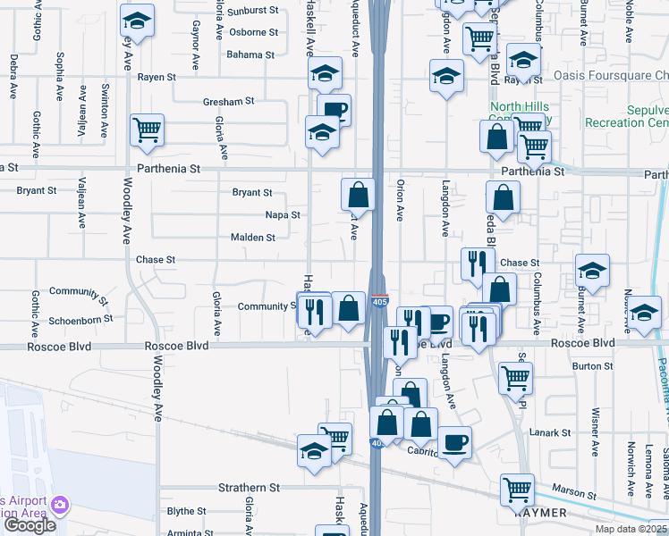 map of restaurants, bars, coffee shops, grocery stores, and more near 15724 Chase Street in Los Angeles