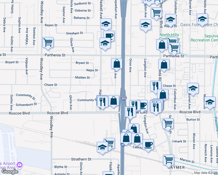 map of restaurants, bars, coffee shops, grocery stores, and more near 15724 Chase Street in Los Angeles