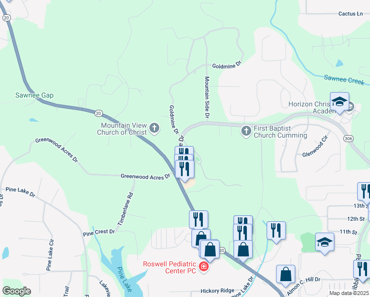 map of restaurants, bars, coffee shops, grocery stores, and more near 204 Somerton Place in Cumming