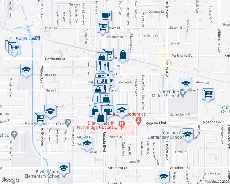 map of restaurants, bars, coffee shops, grocery stores, and more near 8458 Canby Avenue in Los Angeles