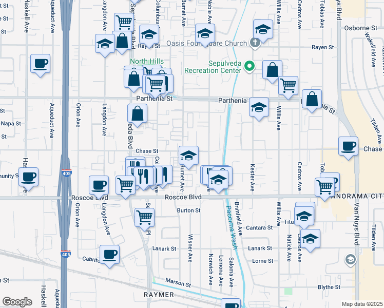 map of restaurants, bars, coffee shops, grocery stores, and more near 15140 Chase Street in Los Angeles
