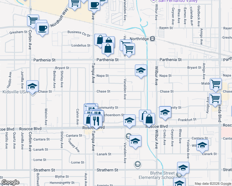 map of restaurants, bars, coffee shops, grocery stores, and more near 19134 Chase Street in Los Angeles