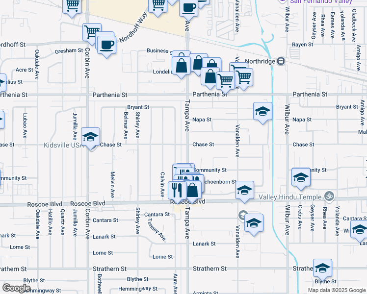 map of restaurants, bars, coffee shops, grocery stores, and more near 8447 Tampa Avenue in Los Angeles