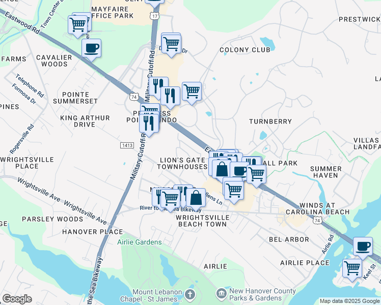 map of restaurants, bars, coffee shops, grocery stores, and more near Clubhouse Drive in Wilmington