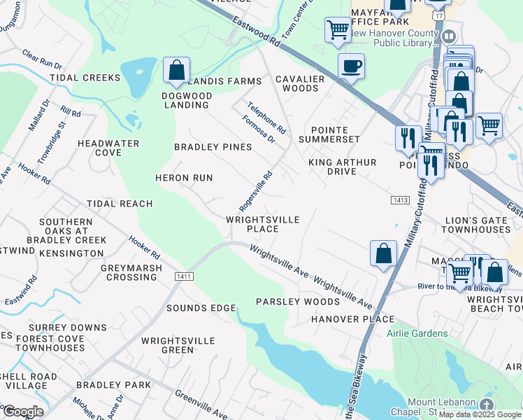map of restaurants, bars, coffee shops, grocery stores, and more near 6211 Wrightsville Avenue in Wilmington