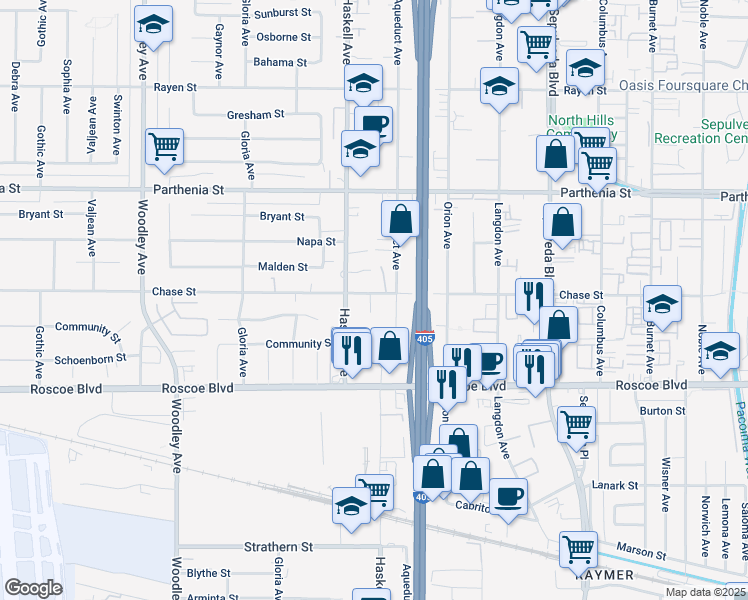 map of restaurants, bars, coffee shops, grocery stores, and more near 15724 Chase Street in Los Angeles