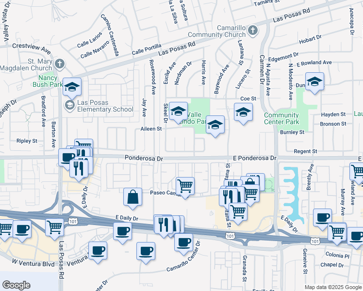 map of restaurants, bars, coffee shops, grocery stores, and more near 751 Yearling Court in Camarillo