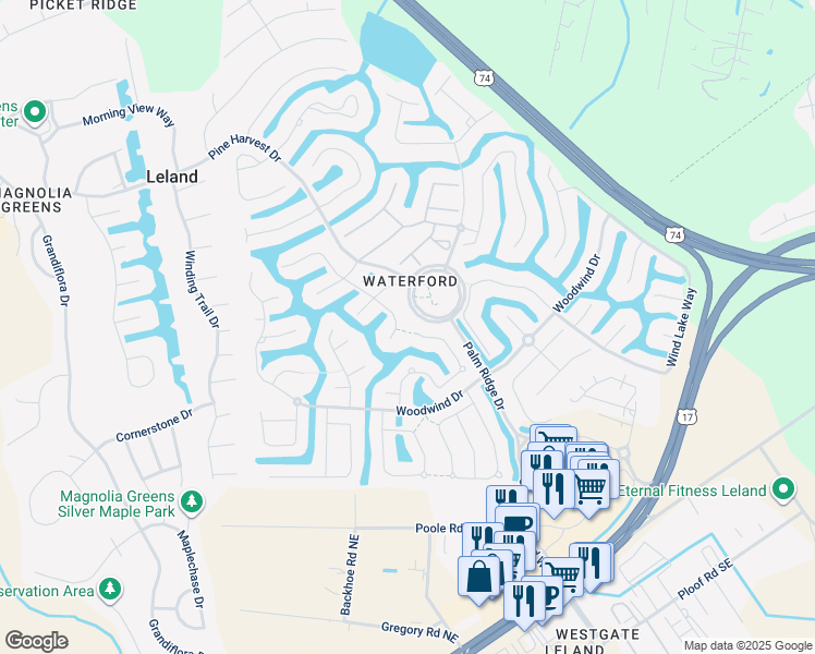 map of restaurants, bars, coffee shops, grocery stores, and more near 1082 Cornell Ct in Leland