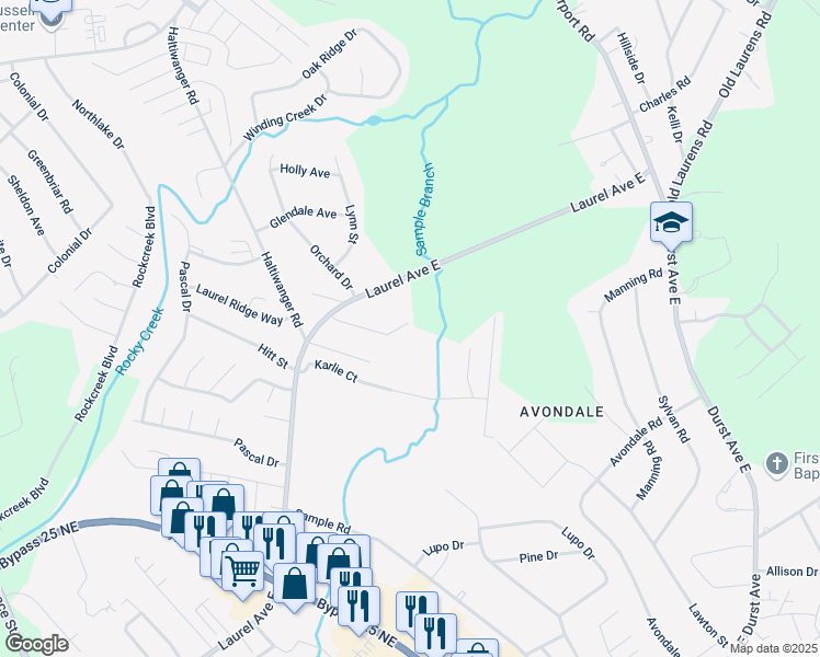 map of restaurants, bars, coffee shops, grocery stores, and more near 204 Winter Ridge Court in Greenwood