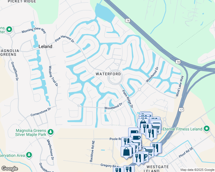 map of restaurants, bars, coffee shops, grocery stores, and more near 1082 Cornell Court in Leland