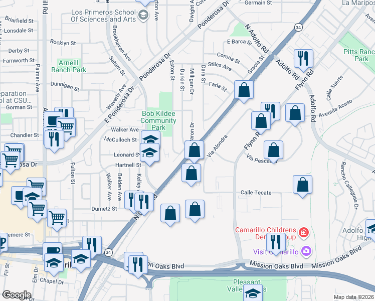 map of restaurants, bars, coffee shops, grocery stores, and more near 744 Sharon Drive in Camarillo