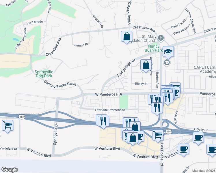 map of restaurants, bars, coffee shops, grocery stores, and more near 279 Camino Toluca in Camarillo