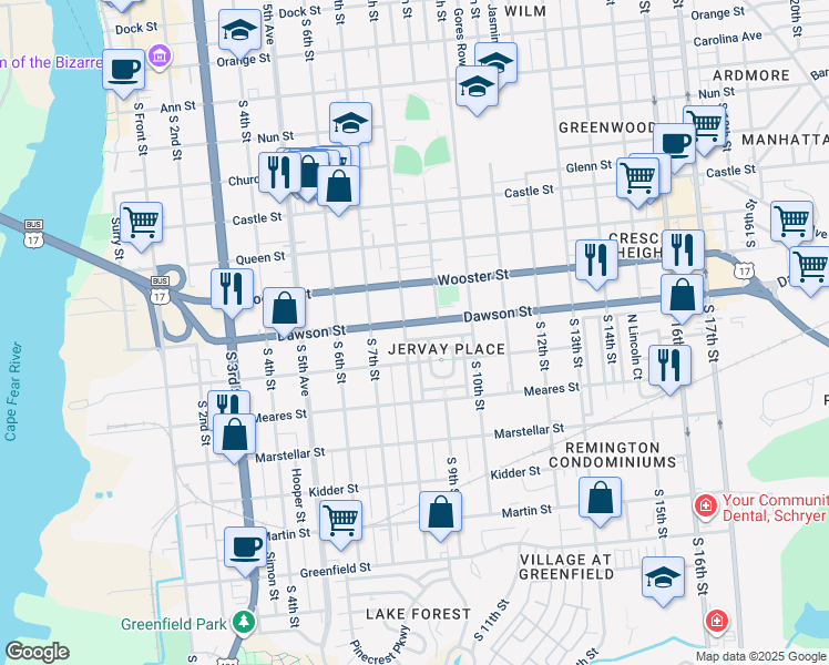 map of restaurants, bars, coffee shops, grocery stores, and more near 809 Virgie Rhodes Lane in Wilmington