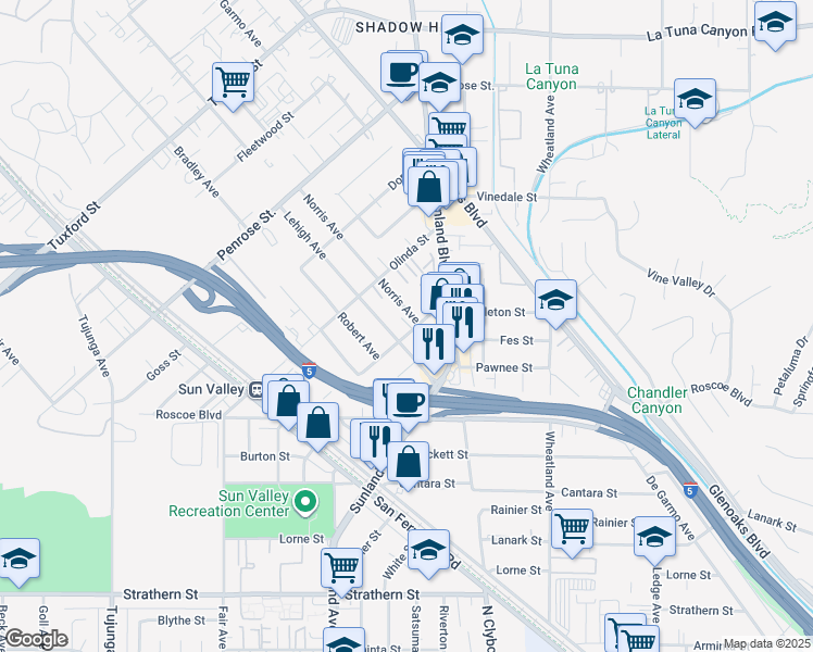 map of restaurants, bars, coffee shops, grocery stores, and more near 8501 Lehigh Avenue in Los Angeles
