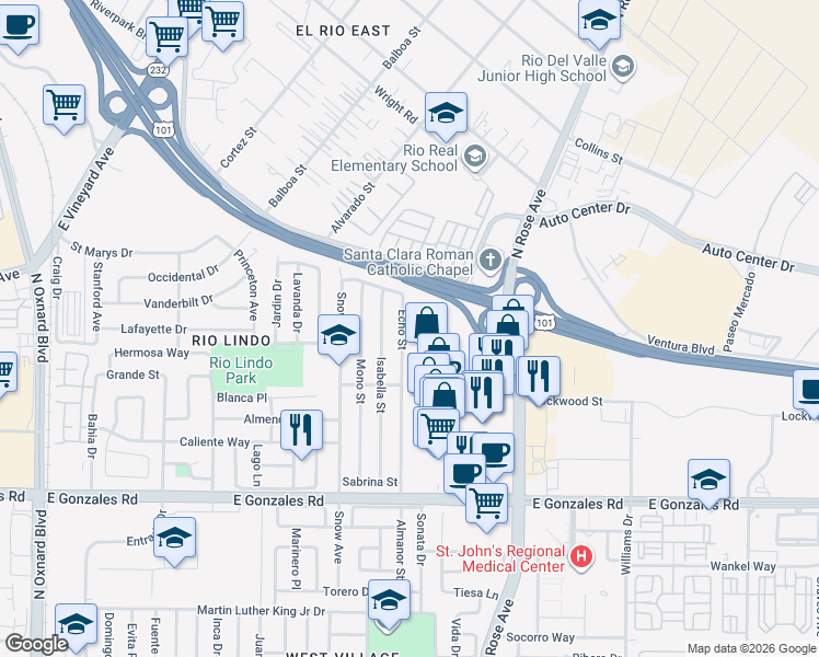 map of restaurants, bars, coffee shops, grocery stores, and more near 2201 Echo Street in Oxnard