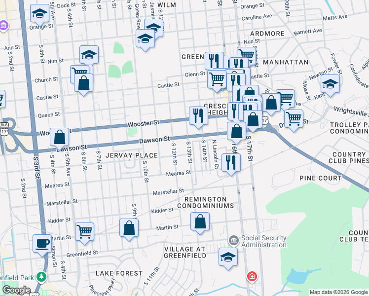map of restaurants, bars, coffee shops, grocery stores, and more near 919 South 12th Street in Wilmington