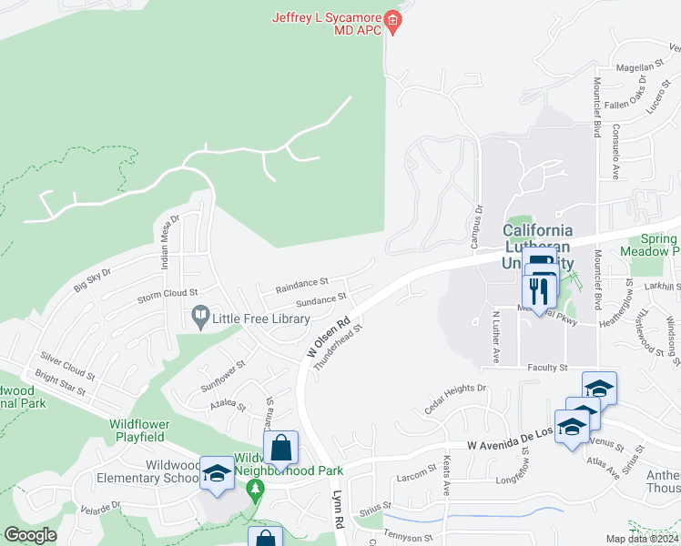 map of restaurants, bars, coffee shops, grocery stores, and more near 405 Raindance Street in Thousand Oaks
