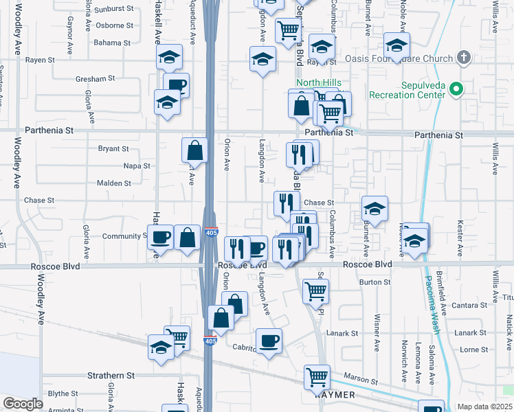 map of restaurants, bars, coffee shops, grocery stores, and more near 8457 Langdon Avenue in Los Angeles