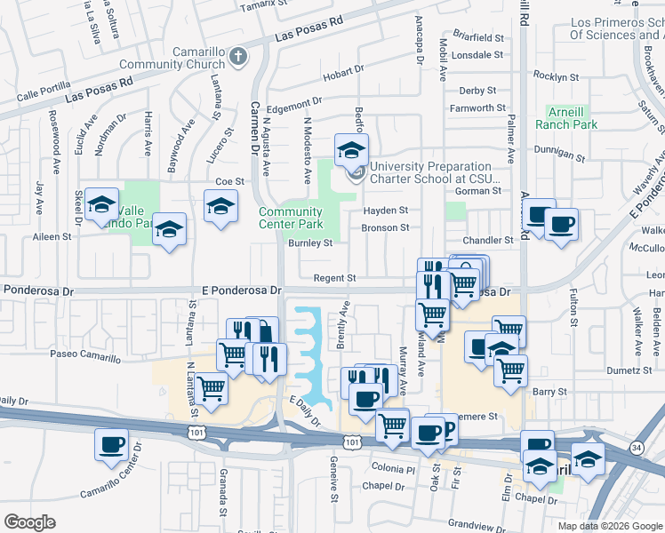 map of restaurants, bars, coffee shops, grocery stores, and more near 1682 Darnell Court in Camarillo