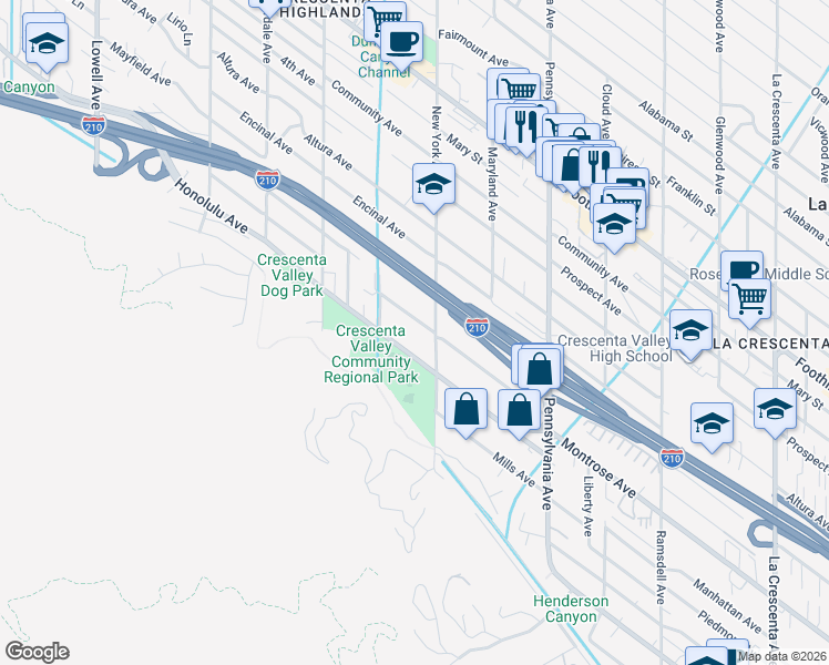 map of restaurants, bars, coffee shops, grocery stores, and more near 3414 Montrose Avenue in Glendale