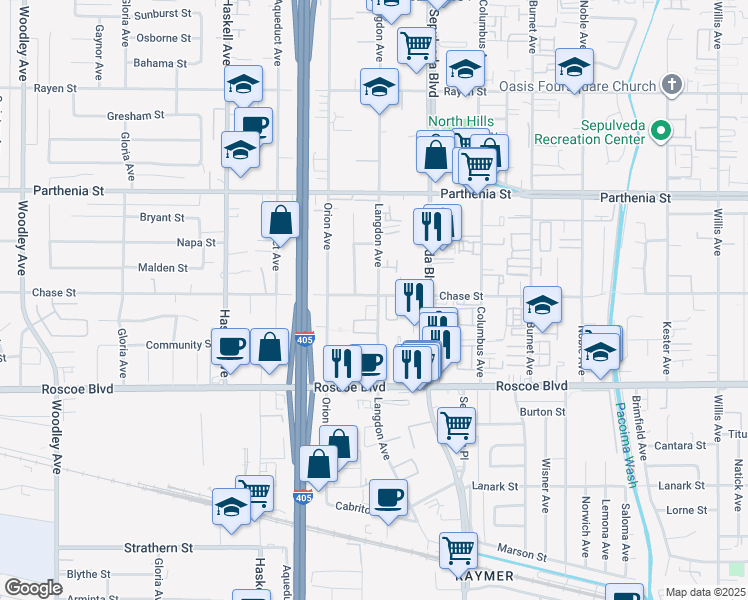 map of restaurants, bars, coffee shops, grocery stores, and more near 8457 Langdon Avenue in Los Angeles
