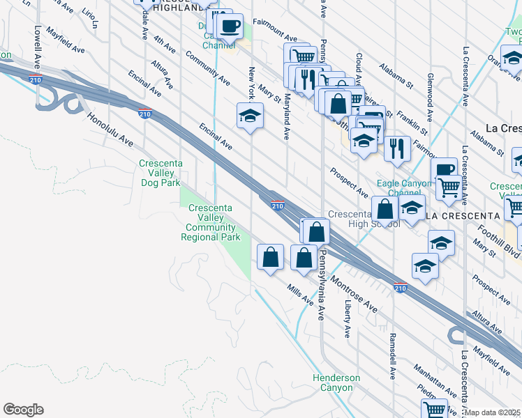 map of restaurants, bars, coffee shops, grocery stores, and more near 3350 Montrose Avenue in Glendale