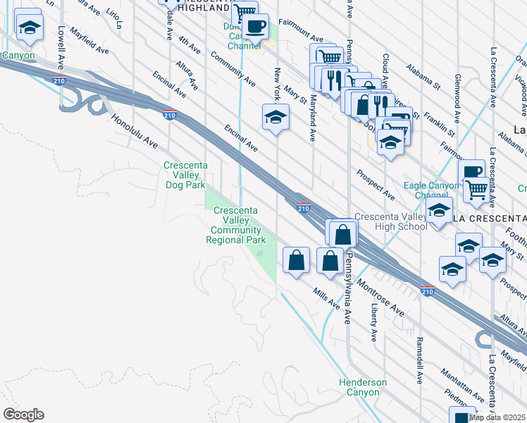 map of restaurants, bars, coffee shops, grocery stores, and more near 3431 Honolulu Avenue in Glendale