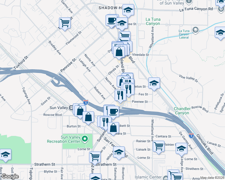 map of restaurants, bars, coffee shops, grocery stores, and more near 8501 Lehigh Avenue in Los Angeles