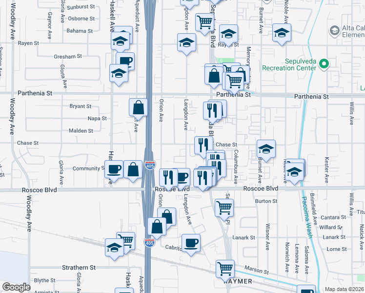 map of restaurants, bars, coffee shops, grocery stores, and more near 8430 Langdon Avenue in Los Angeles