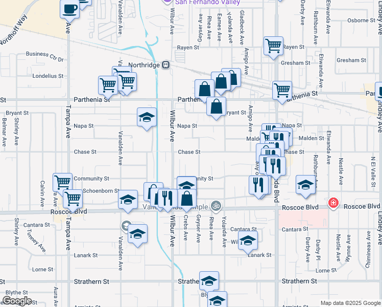map of restaurants, bars, coffee shops, grocery stores, and more near 8432 Crebs Avenue in Los Angeles