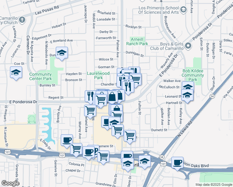 map of restaurants, bars, coffee shops, grocery stores, and more near 679 Arneill Road in Camarillo