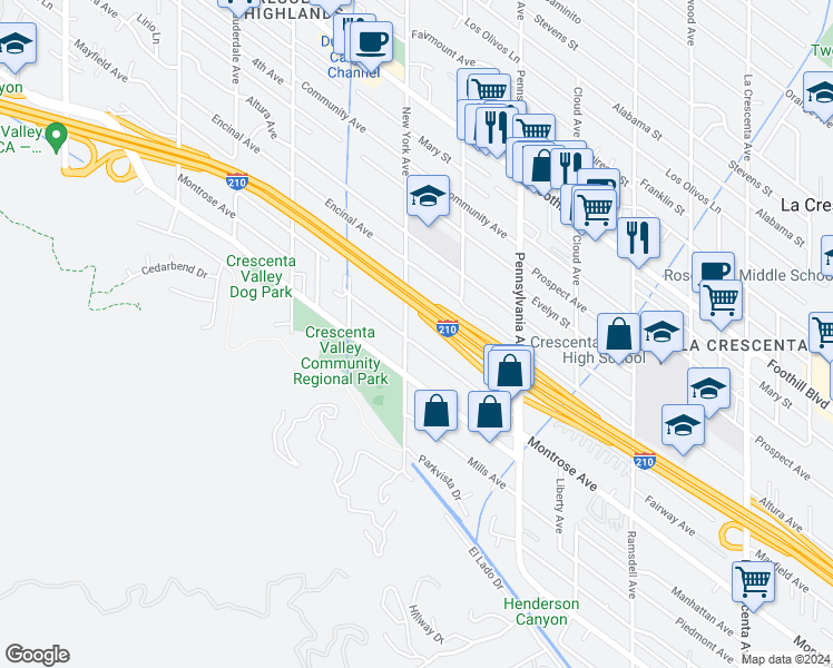map of restaurants, bars, coffee shops, grocery stores, and more near 3353 Montrose Avenue in Glendale