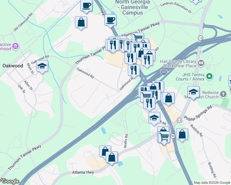 map of restaurants, bars, coffee shops, grocery stores, and more near 4619 Smithson Boulevard in Oakwood