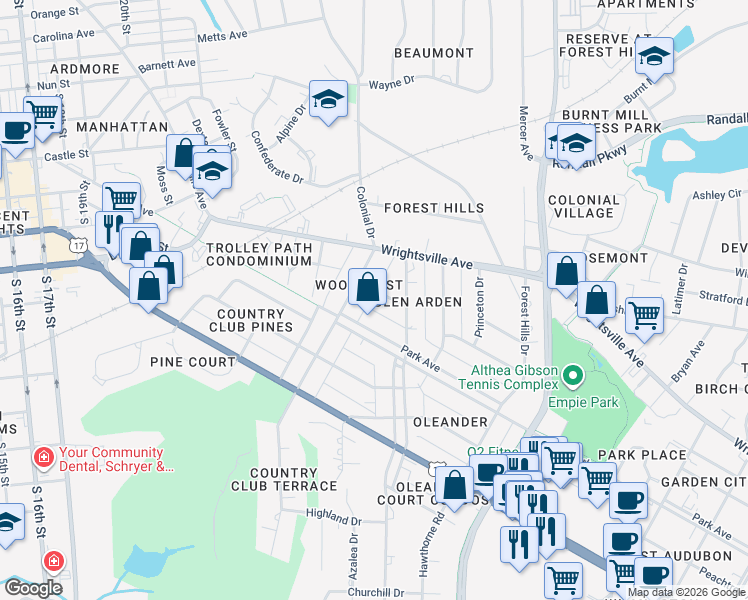 map of restaurants, bars, coffee shops, grocery stores, and more near 2602 Arden Road in Wilmington